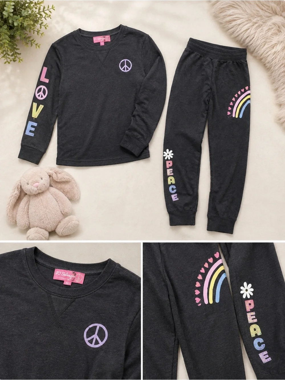 Black Peace and Love Girls Graphic Pajama Set